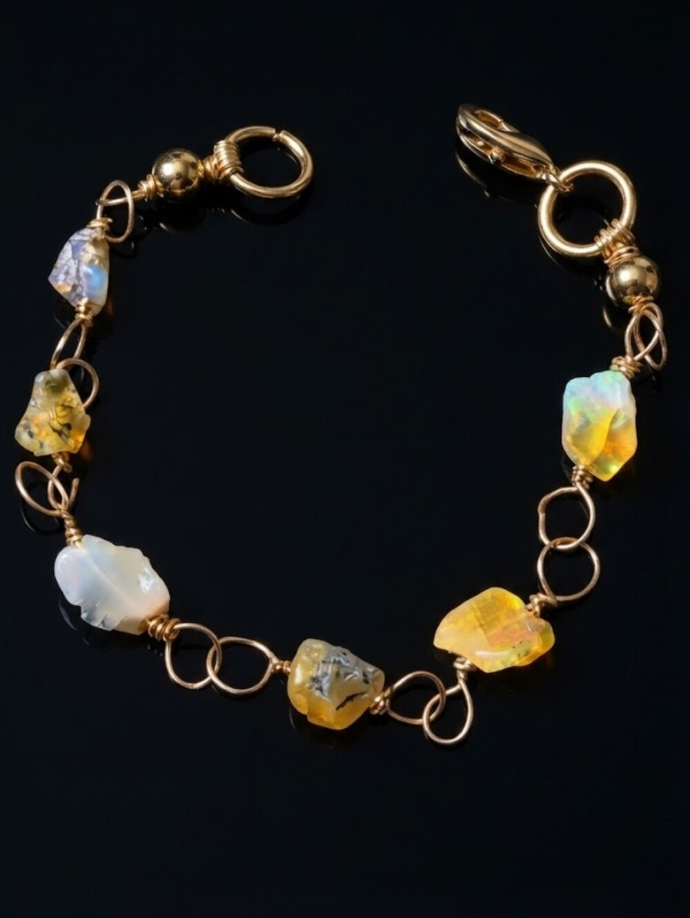 Nature's Raw Ethiopian Fire Opal In Freeform Artisan Gold Plated Bracelet